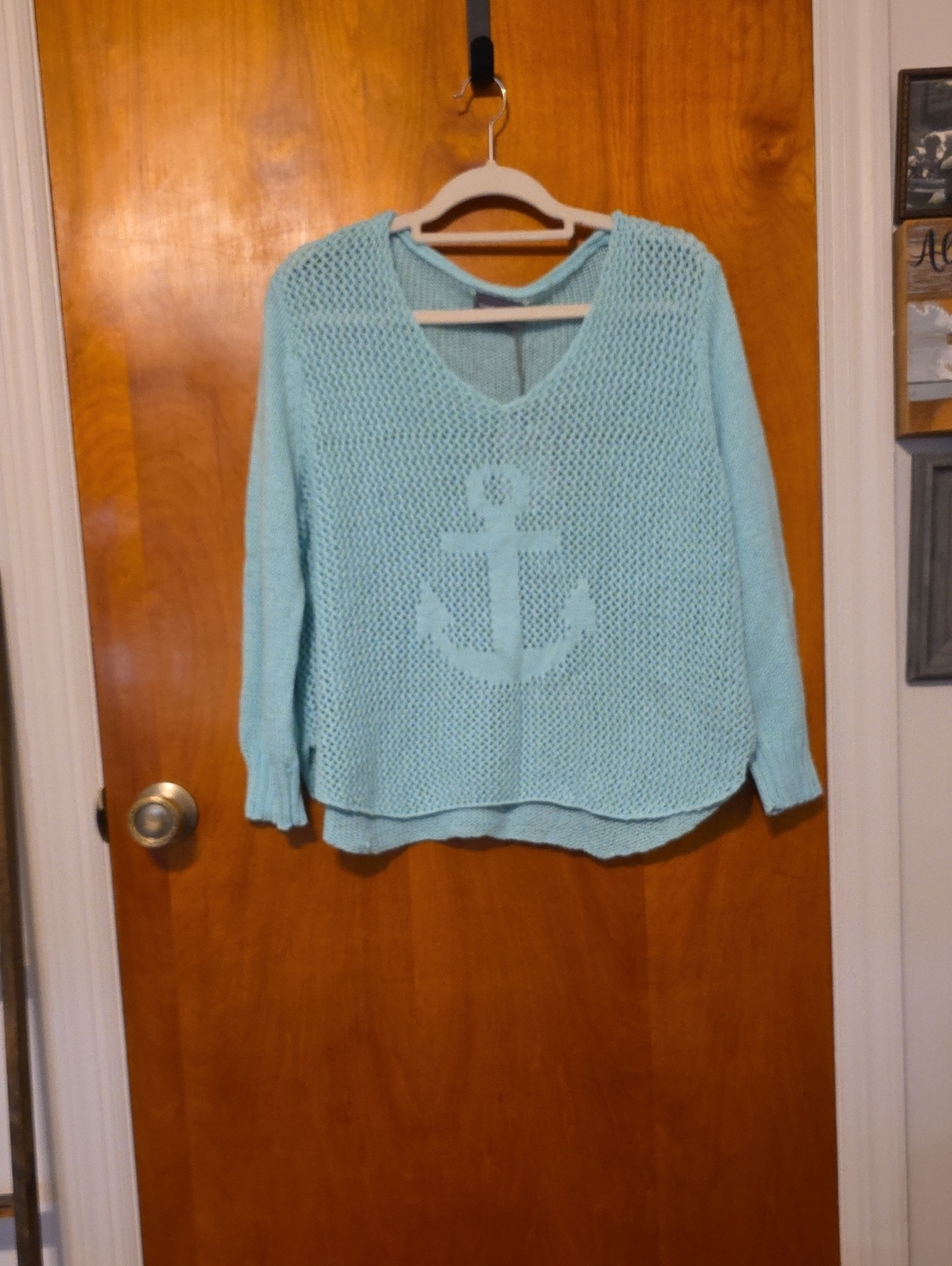 Wooden Ships Mint Green V-Neck Anchor Knit Sweater